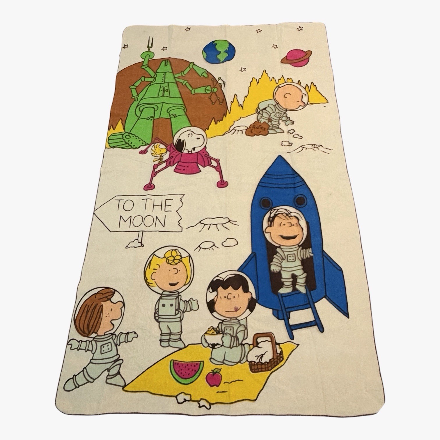 Vintage CHATHAM 1965 Peanuts Snoopy To The Moon Blanket 70x45