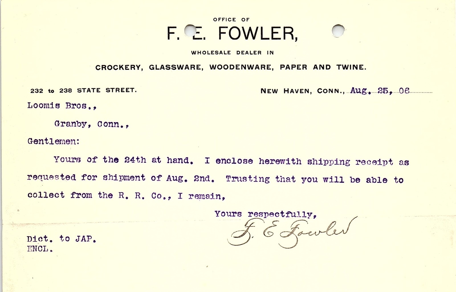 1906 F.E. Fowler New Haven CT Wholesale Letterhead