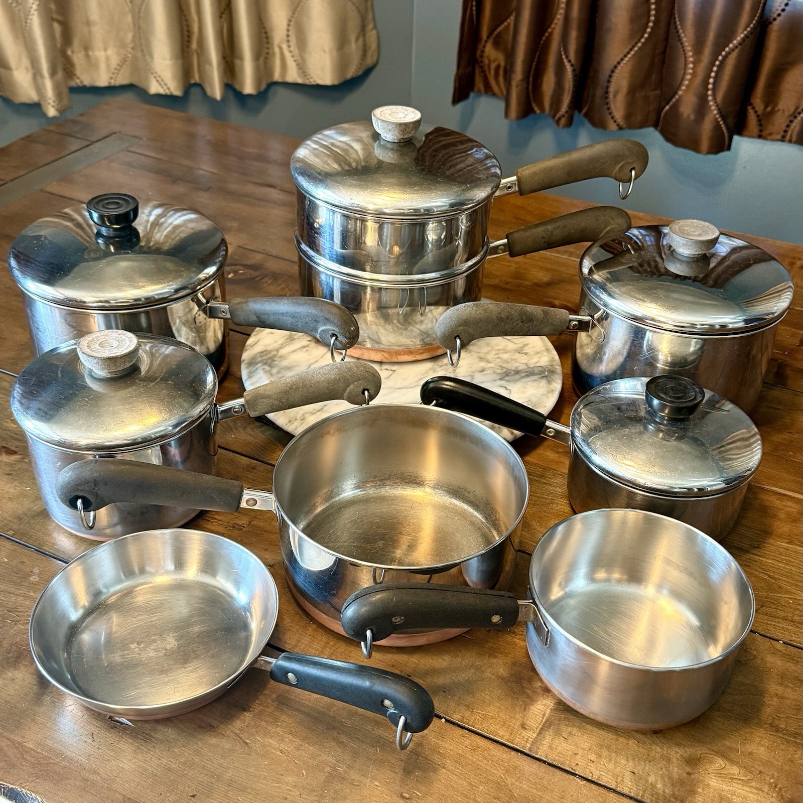 14pc VTG Revere Ware Copper Bottom Cookware Set Pots Pans Lids USA Stainless