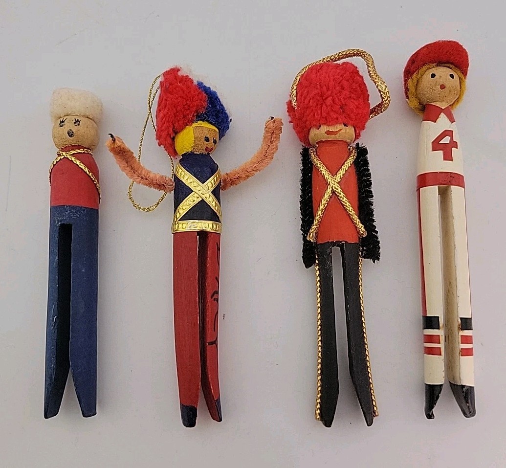 VTG 4 Clothespin Ornaments~Soldier, Athlete, Singer~Band Dir. ~Handmade Folk Art