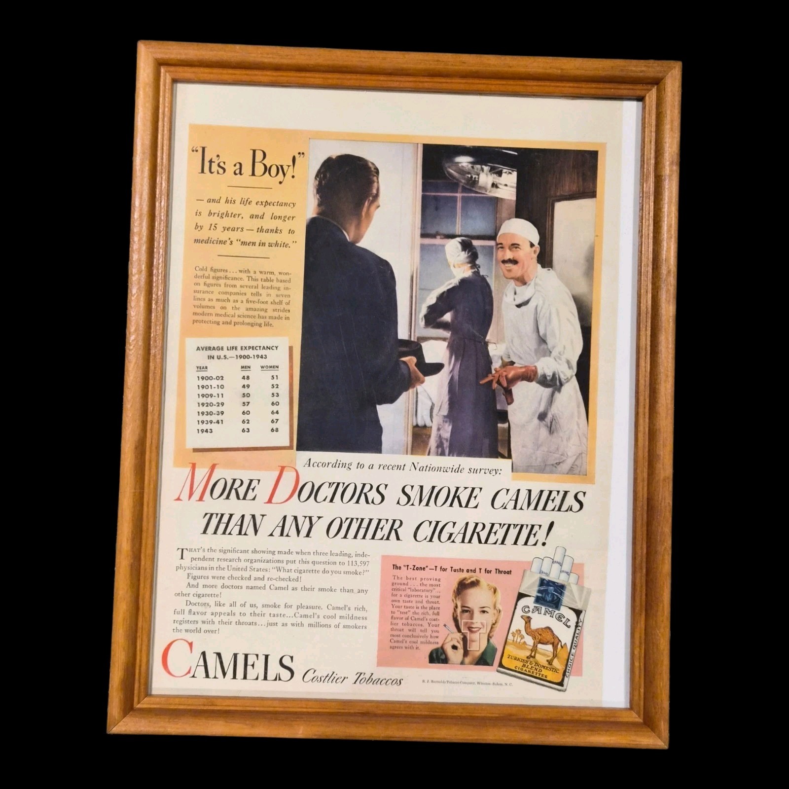 Vintage 1940s Camel Cigarette Magazine Ad It\'s a Boy Doctors Smoke Framed 12x15