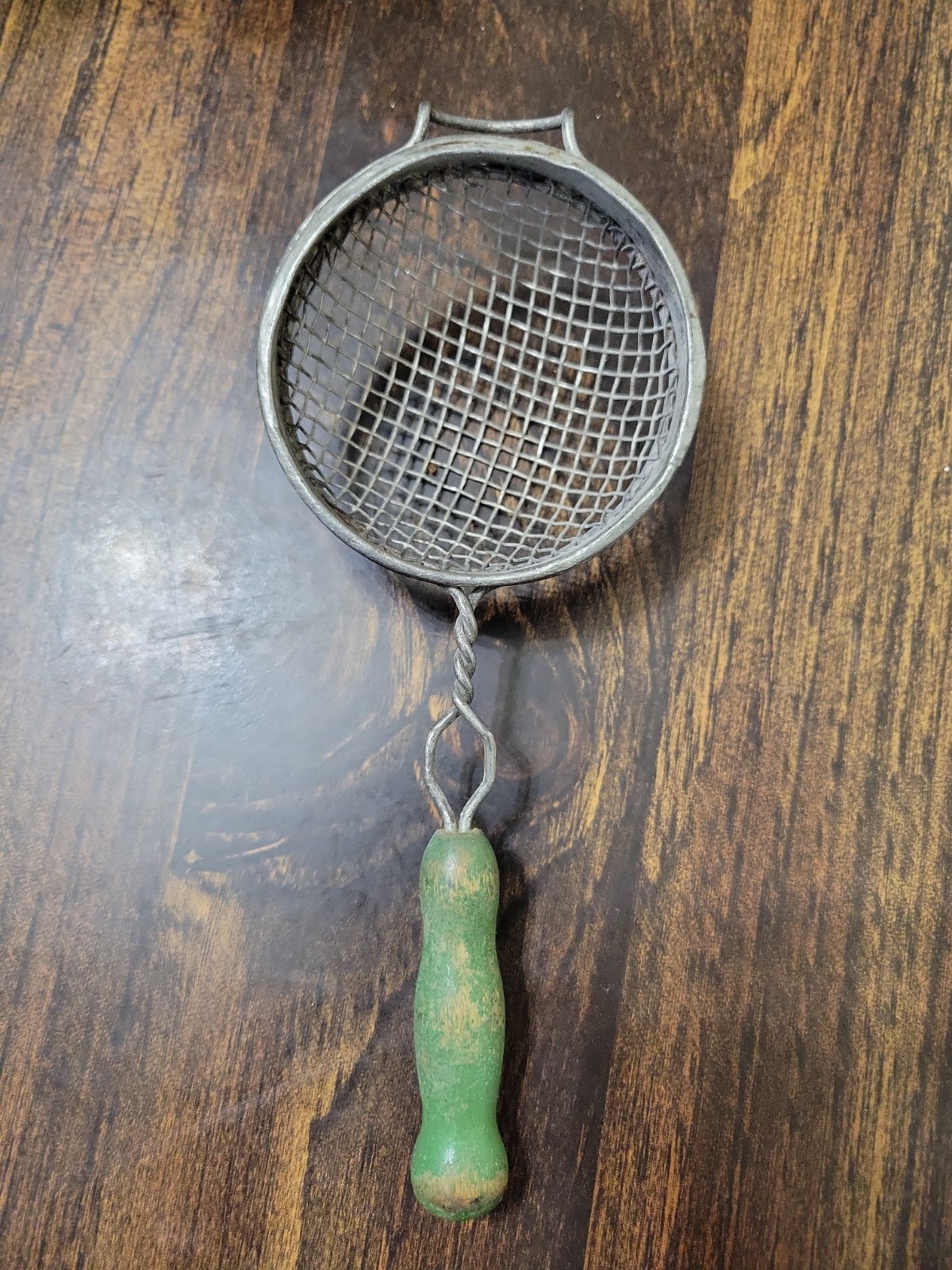 Vintage Green Wood Handle Mesh Strainer Sifter Retro Farmhouse Kitchen Decore