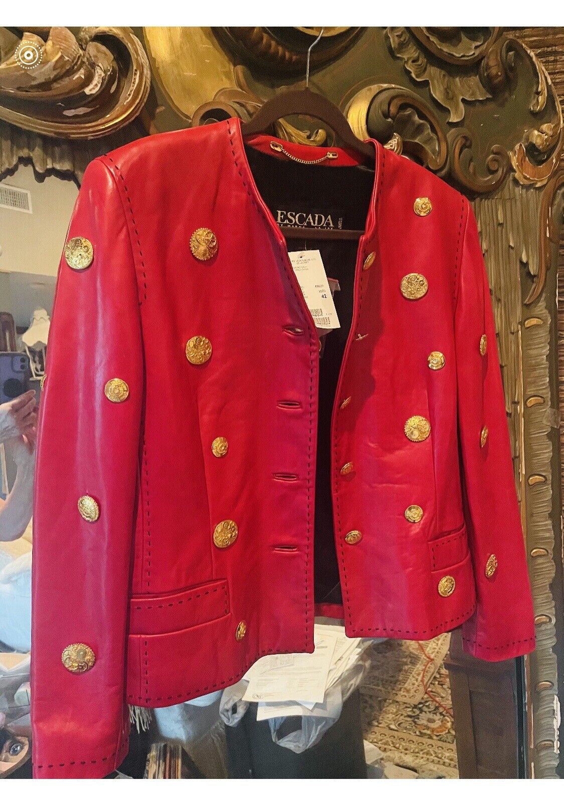 NWT Escada Women Mob Wife Red Leather Jacket - Gold Medallions 90’s Org $1500