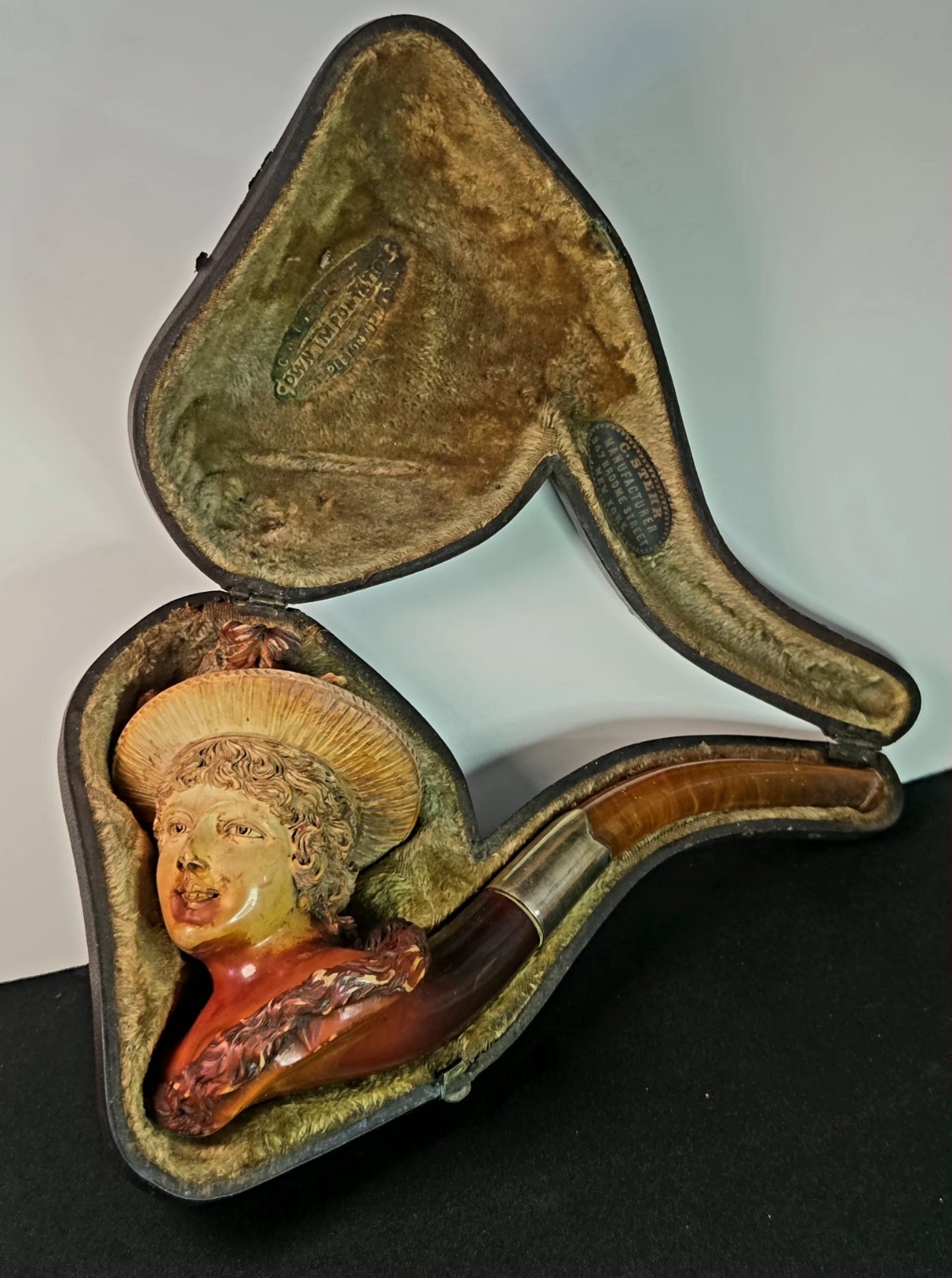 Antique C Stehr Meerschaum Figural Lady Pipe Amber Stem Original Case 1800s 