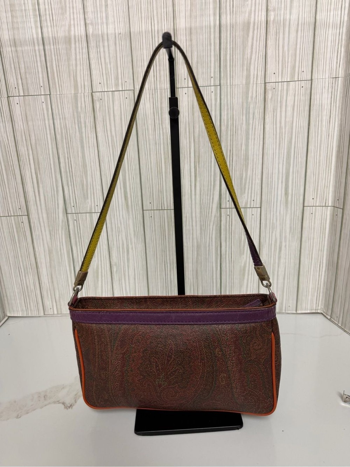 Etro Paisley Shoulder Bag Brown Purple Orange Leather Trim Zip Top