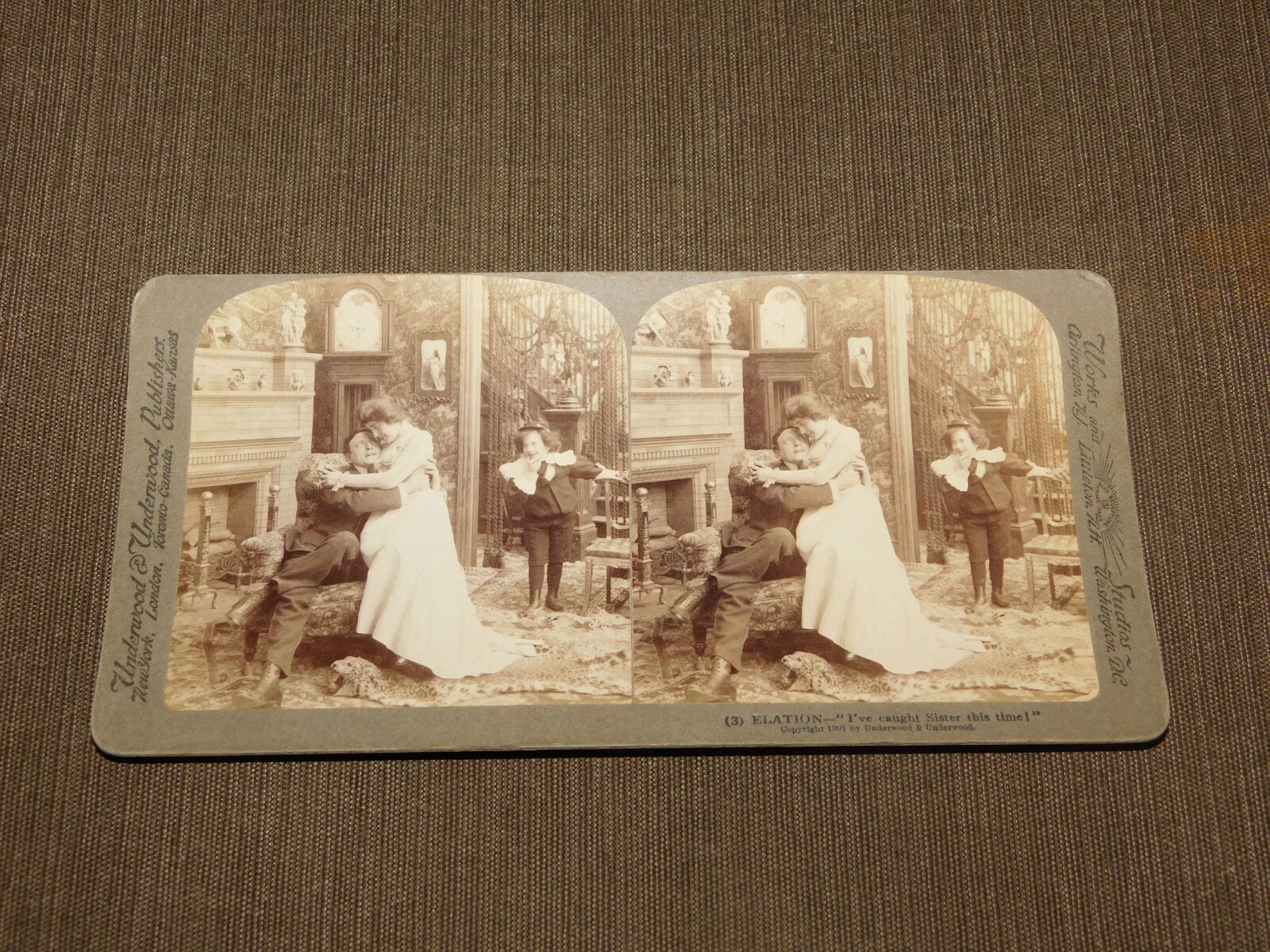 VINTAGE STEREOVIEW STEREOSCOPE CARD FUNNY 1901  I\'VE CAUGHT SISTER THIS TIME
