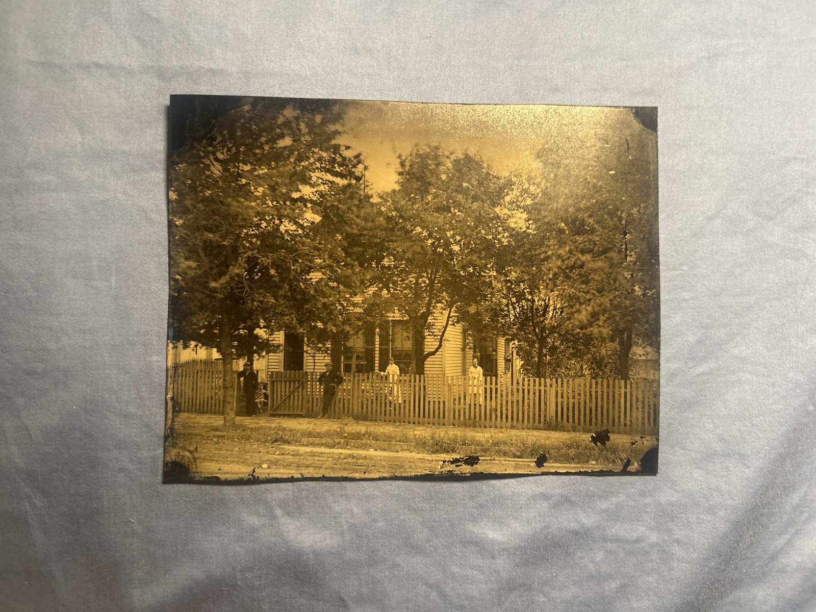 Antique Full Plate Tintype Outdoor House Picket Fence Family Street View 1860s