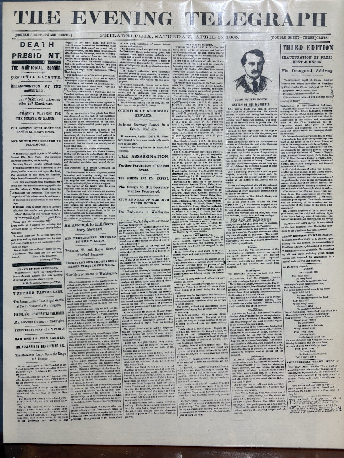 VINTAGE NEWSPAPER HEADLINE~ PRESIDENT LINCOLN SHOT AT FORDS THEATER 1865 MURDER