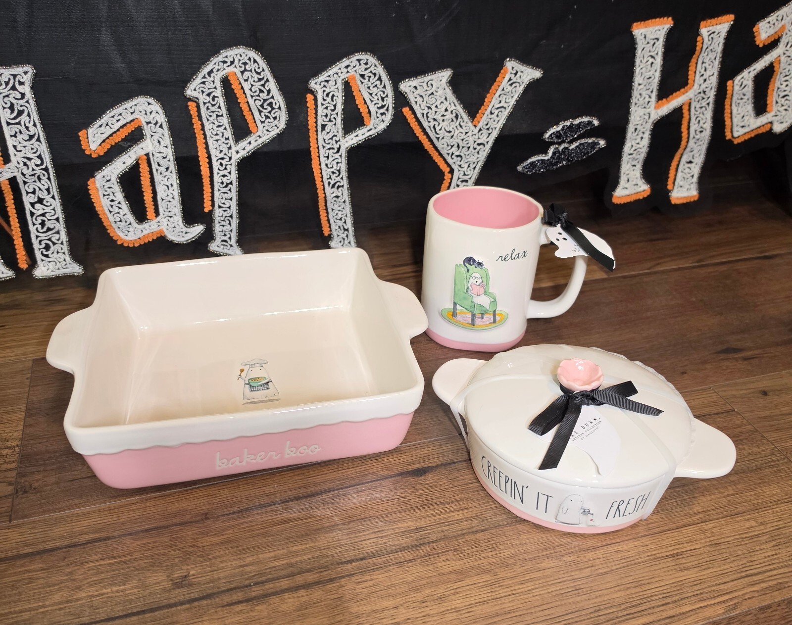 Rae dunn 2 piece Halloween pink set