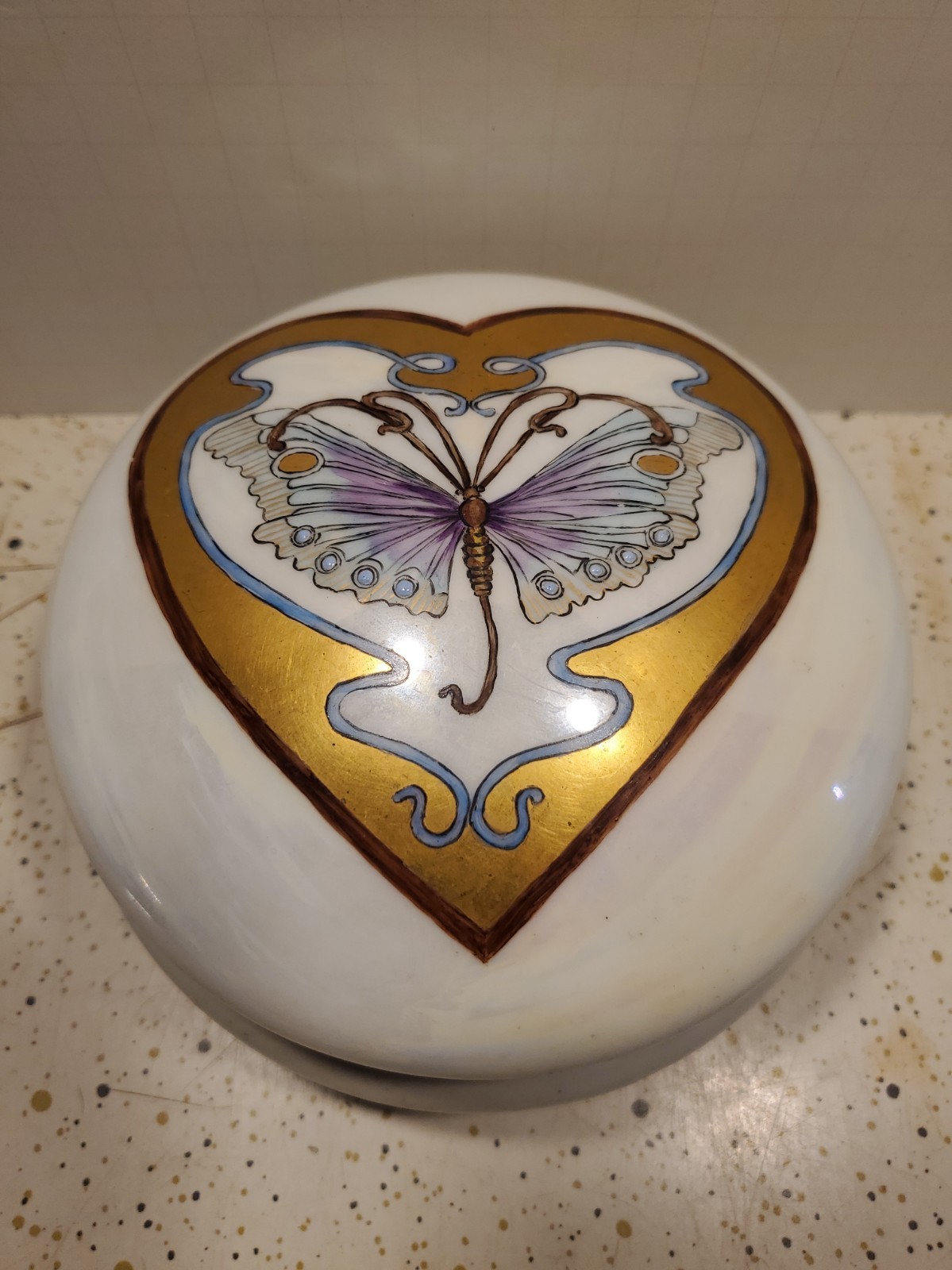 Antique Victoria Austria Art Nouveau Butterfly on Gilded Rims Compact Container