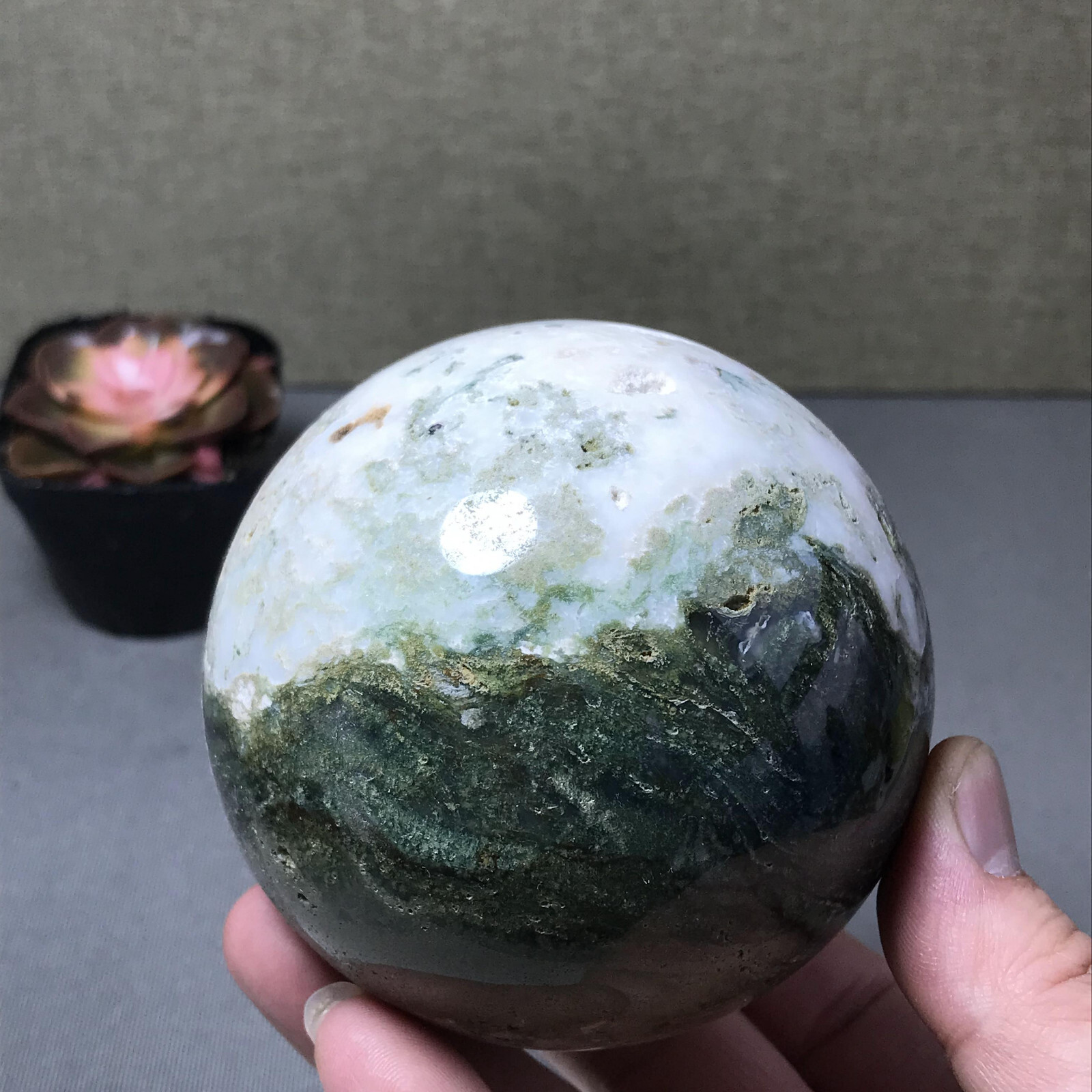 87mm Natural Polish/Rough Moss Agate Crystal ball sphere Specimen 866g A6791