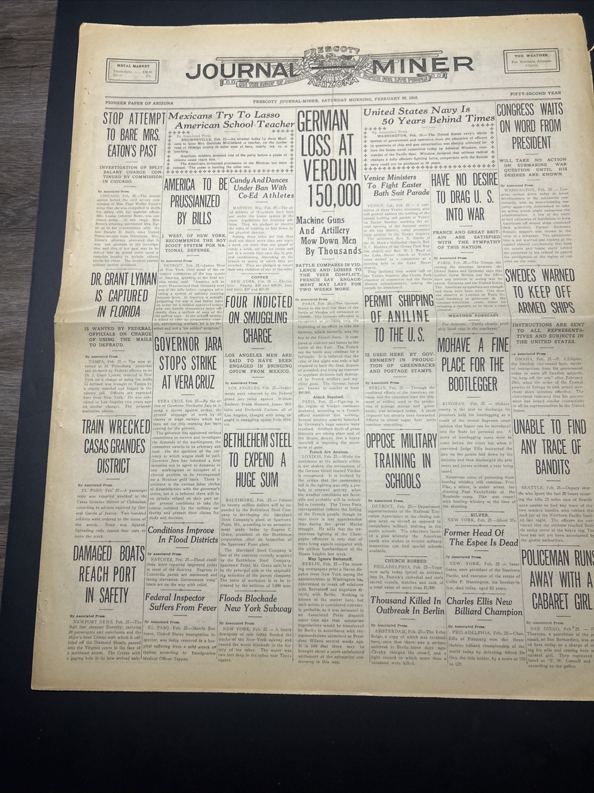 Original World War 1 Era Newspaper Dated Saturday, February 26, 1916