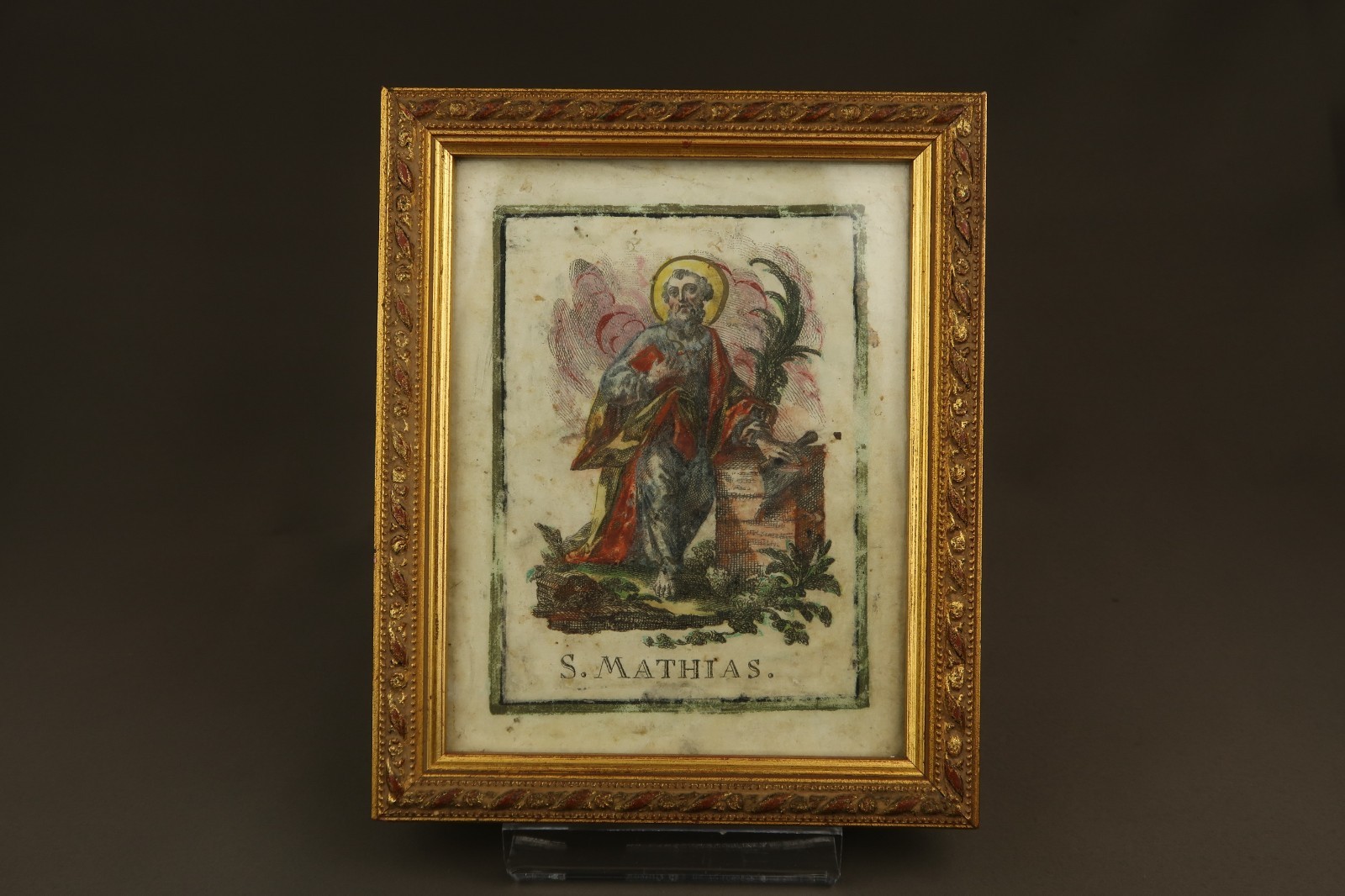 Antique Saint Matthias Hand-Colored Religious Engraving 18th Century