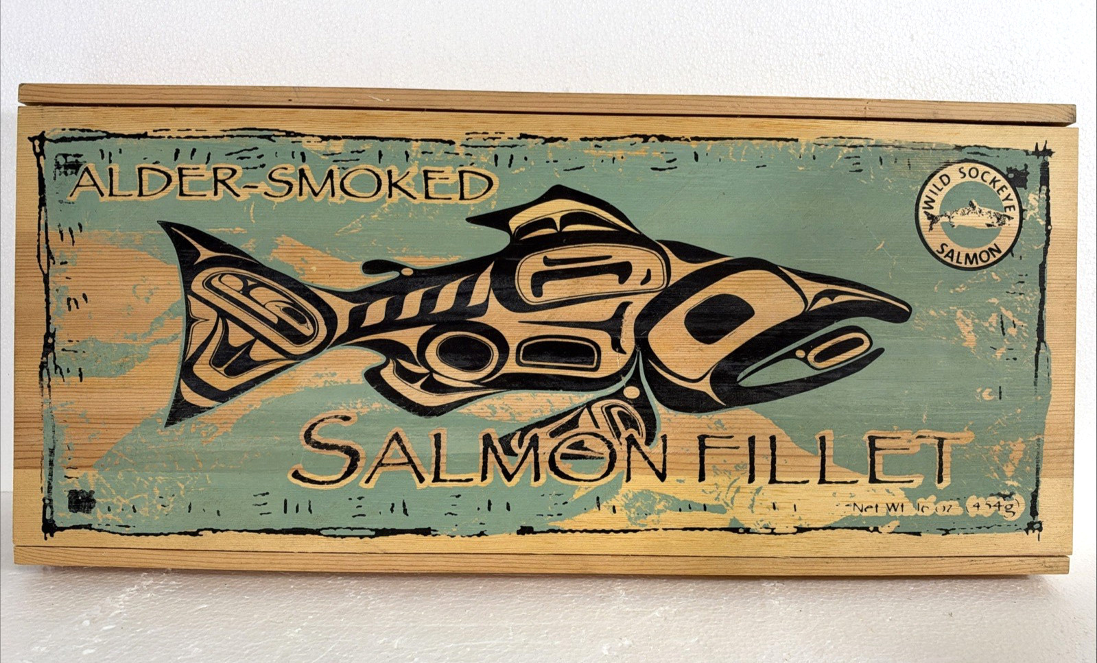 Original Alder Smoked Salmon Native Painted Wooden Advertising Box Decor 18.5”