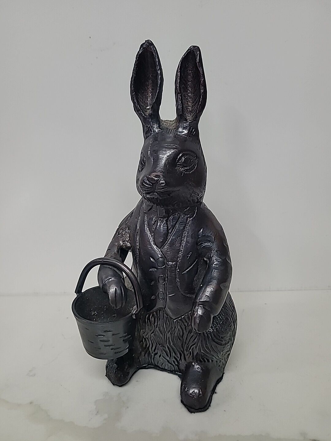 Vintage Bronze Peter Rabbit Bunny Sculpture With Easter Basket Wearing Suit 9”