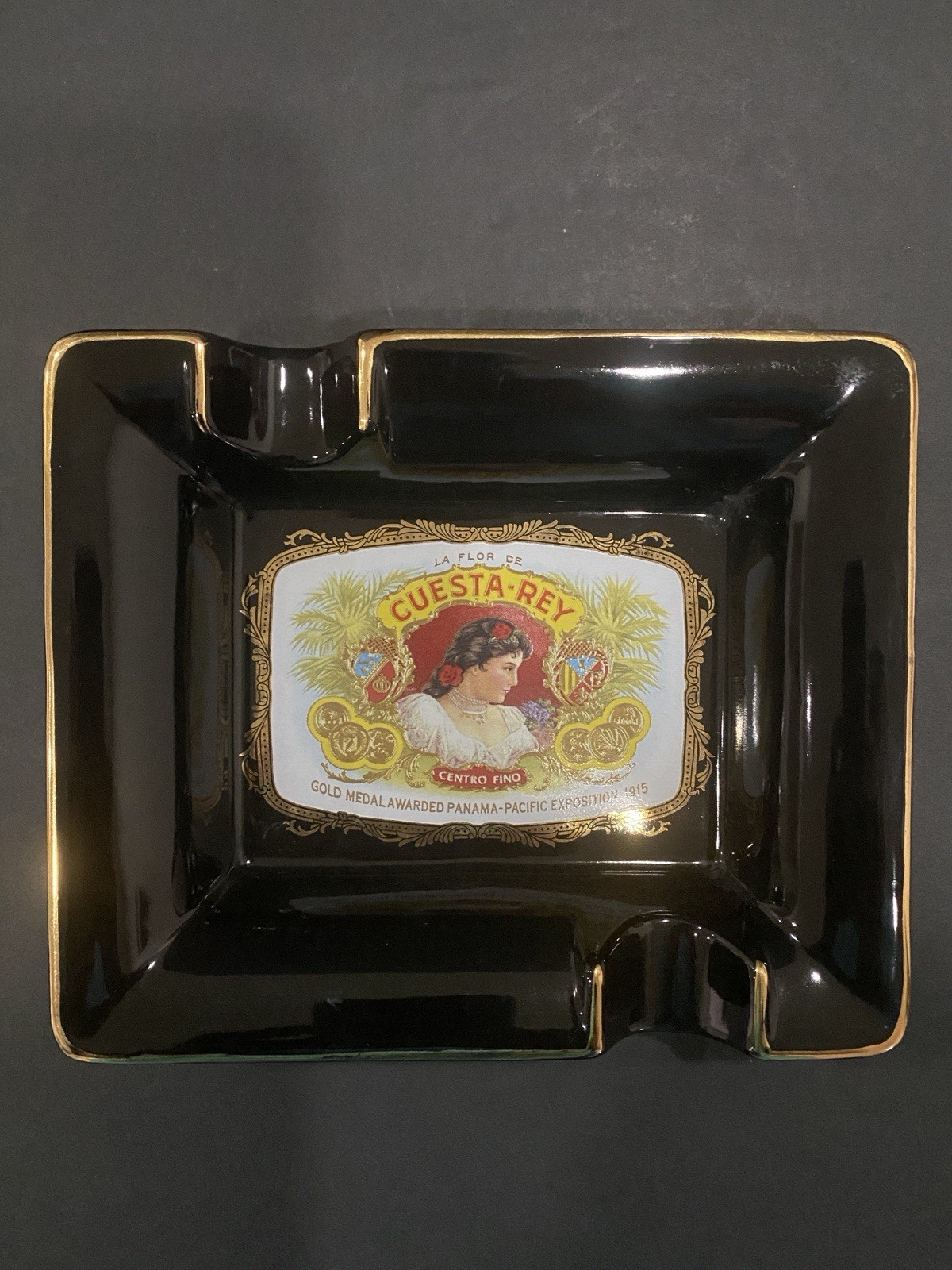 Rare VTG Ceramic Cuesta-Rey Cigar Ashtray in Custom Black with 24k Gold Edging