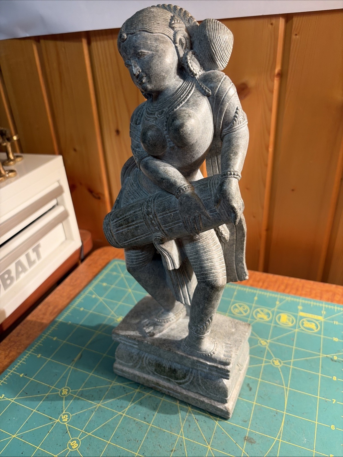 Vintage Hand Carved Gray Marble Apsara Statue Indian Temple Musician Drummer 12”