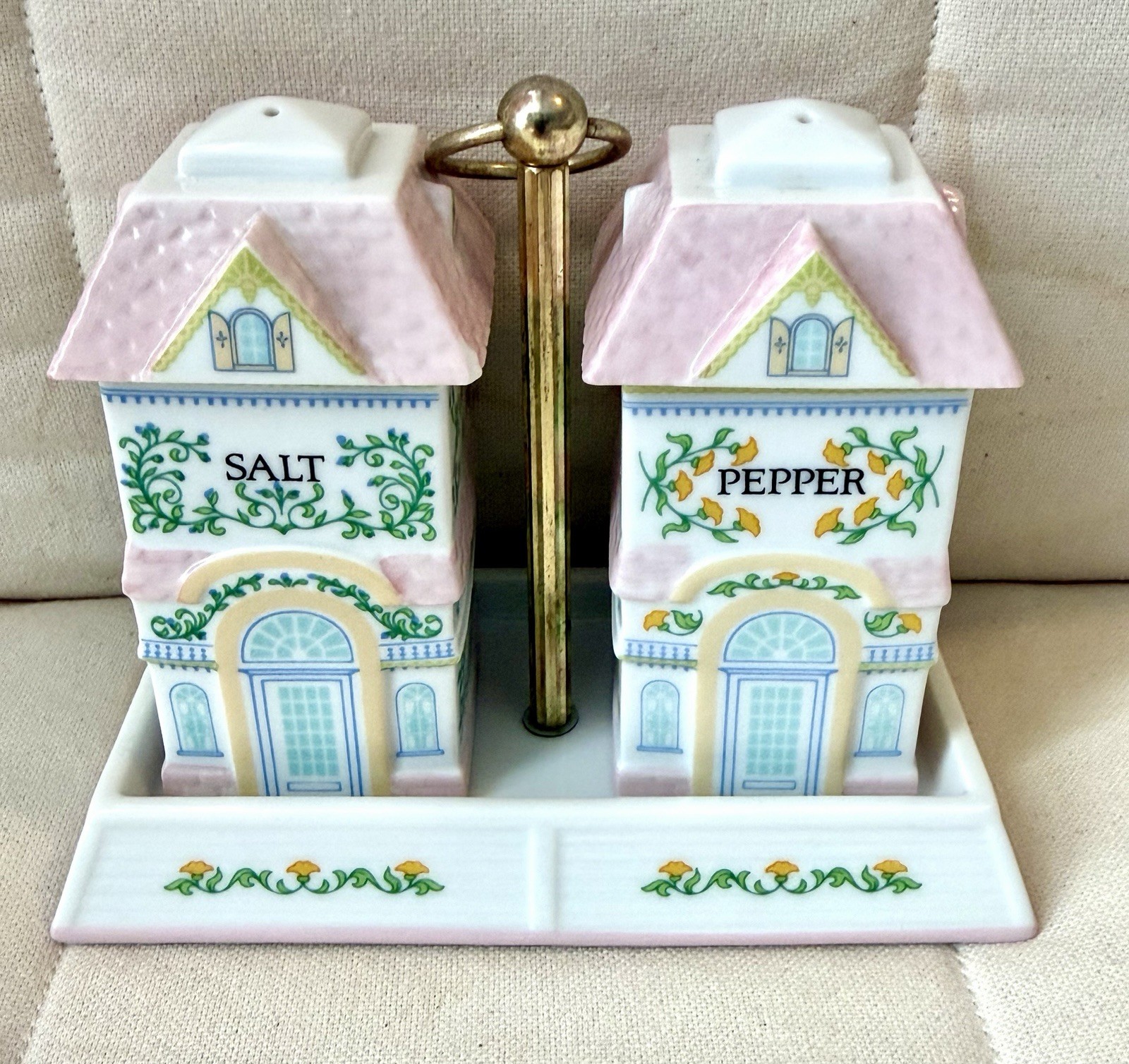1991 Vintage Lenox Village Salt & Pepper Set- Spice Village with Caddy