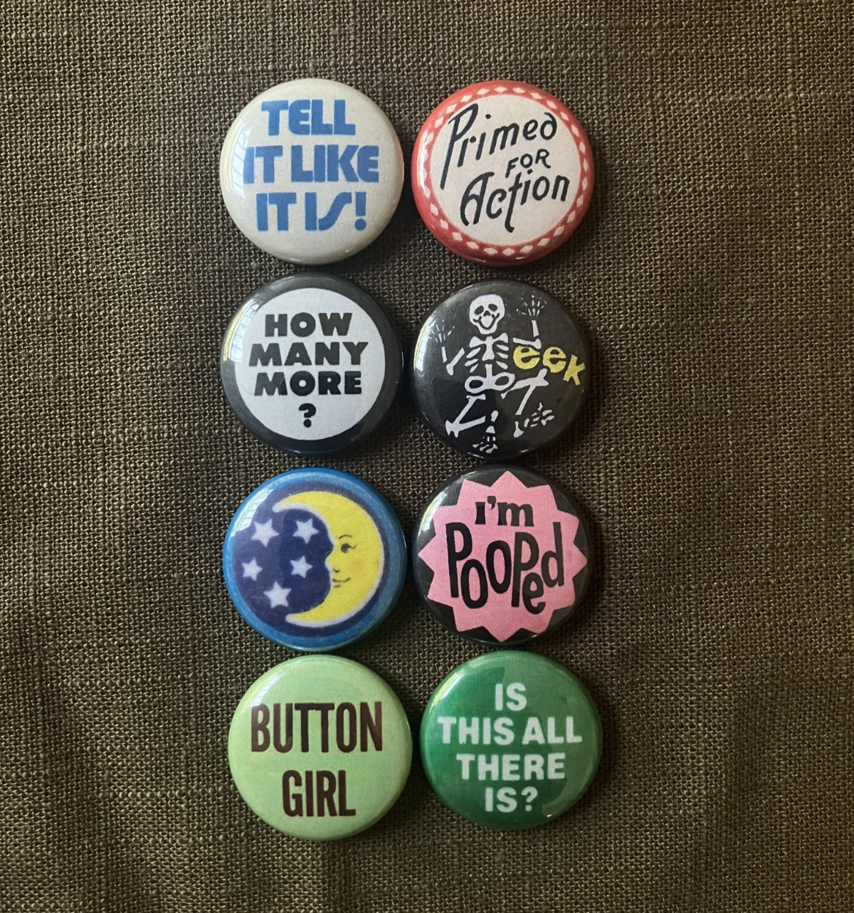 Set of 8 Vintage Style Lot Pinback Badge Buttons 1” Inch 60s 70s 80s
