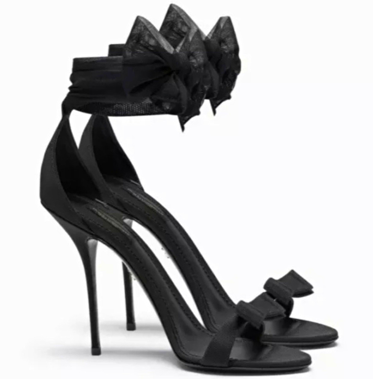 Dolce & Gabbana Black Textile Strappy Open Toe Bow Ankle Strap Heel 37.5