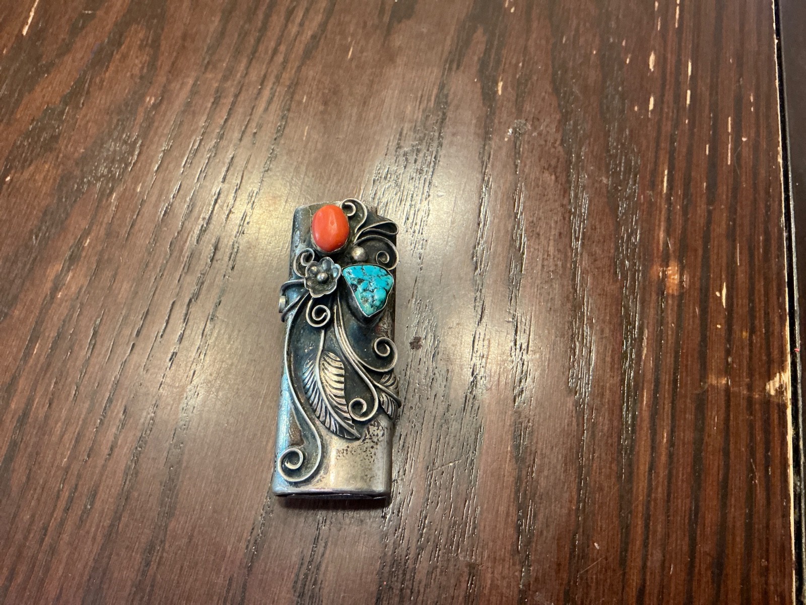 Vintage Sterling Silver Native American Turquoise Coral BIC lighter case cover 