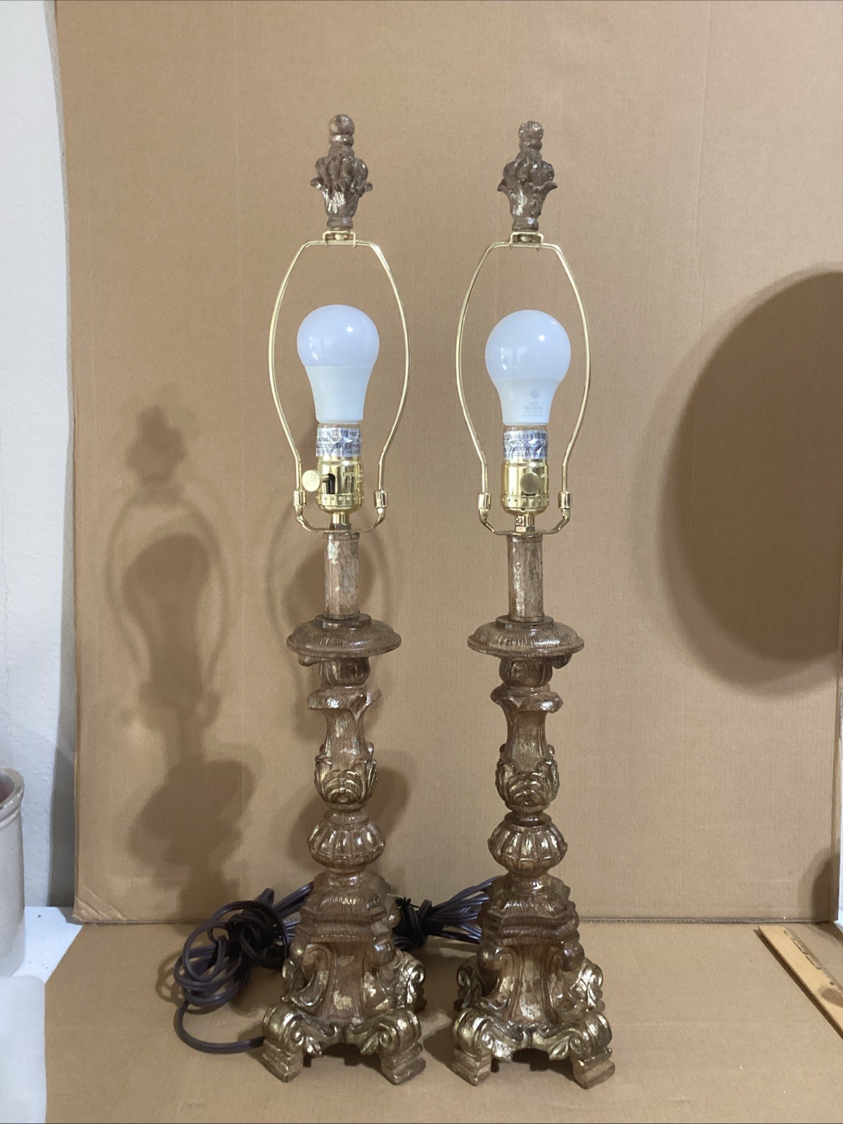 Pair Vintage Italian Faux GILT Carved Wood Pricket Table Lamps WORKING 27”