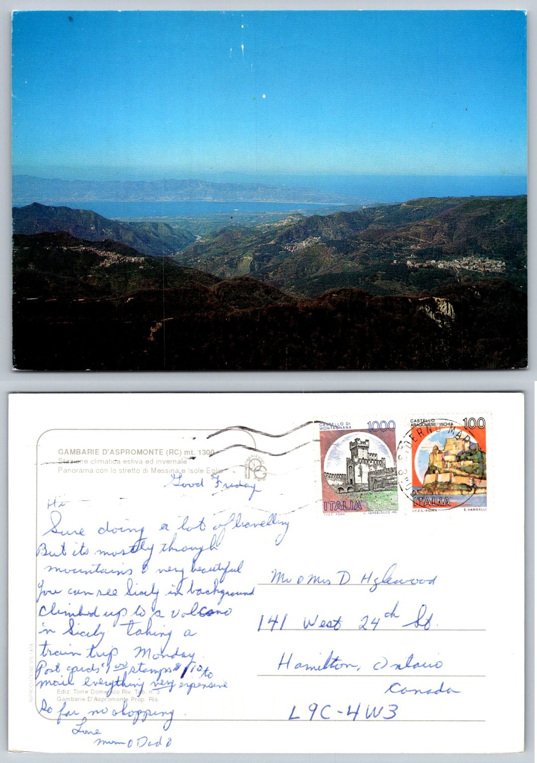 Gambarie d'Aspromonte Italy Panoramic View Strait of Messina Postcard