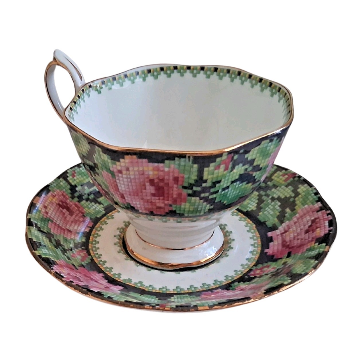 Vintage Royal Albert Crown Bone China Teacup Saucer Tapestry Needlepoint Rose