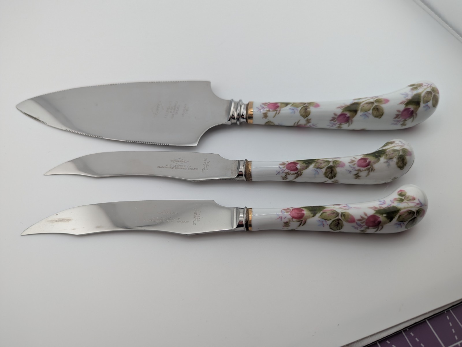 Vintage A E Lewis Floraine Sheffield Rose Porcelain Handle Serving Set 3 Pc