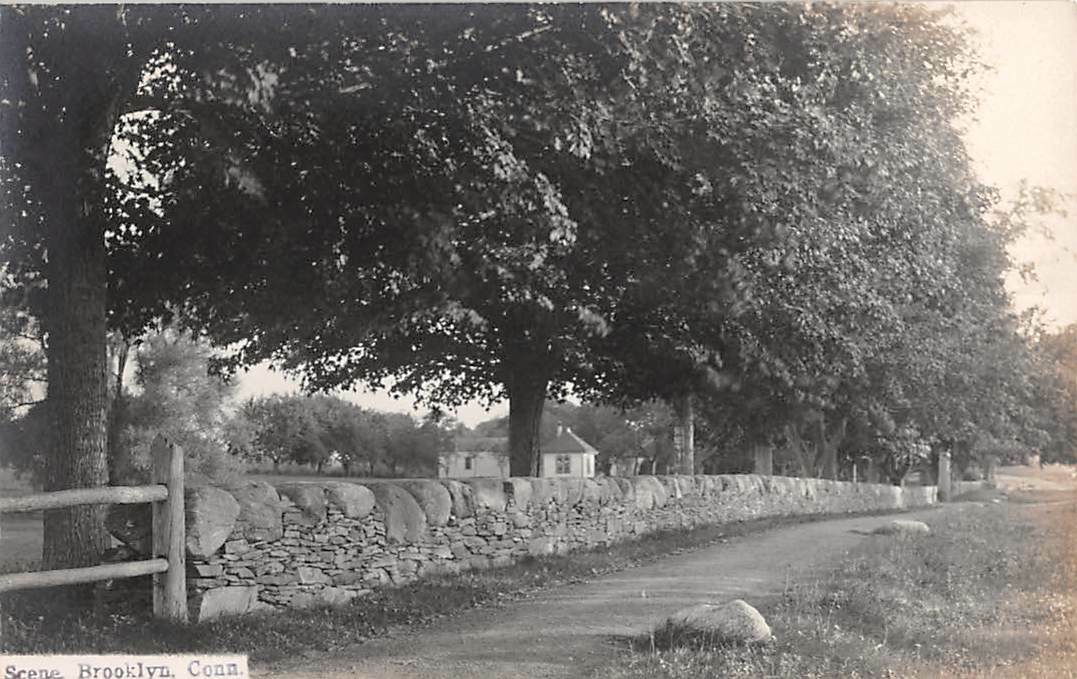 BROOKLYN, CT ~ ROAD WITH STONE WALL BESIDE IT, HOME, REAL PHOTO PC ~ c 1910-20
