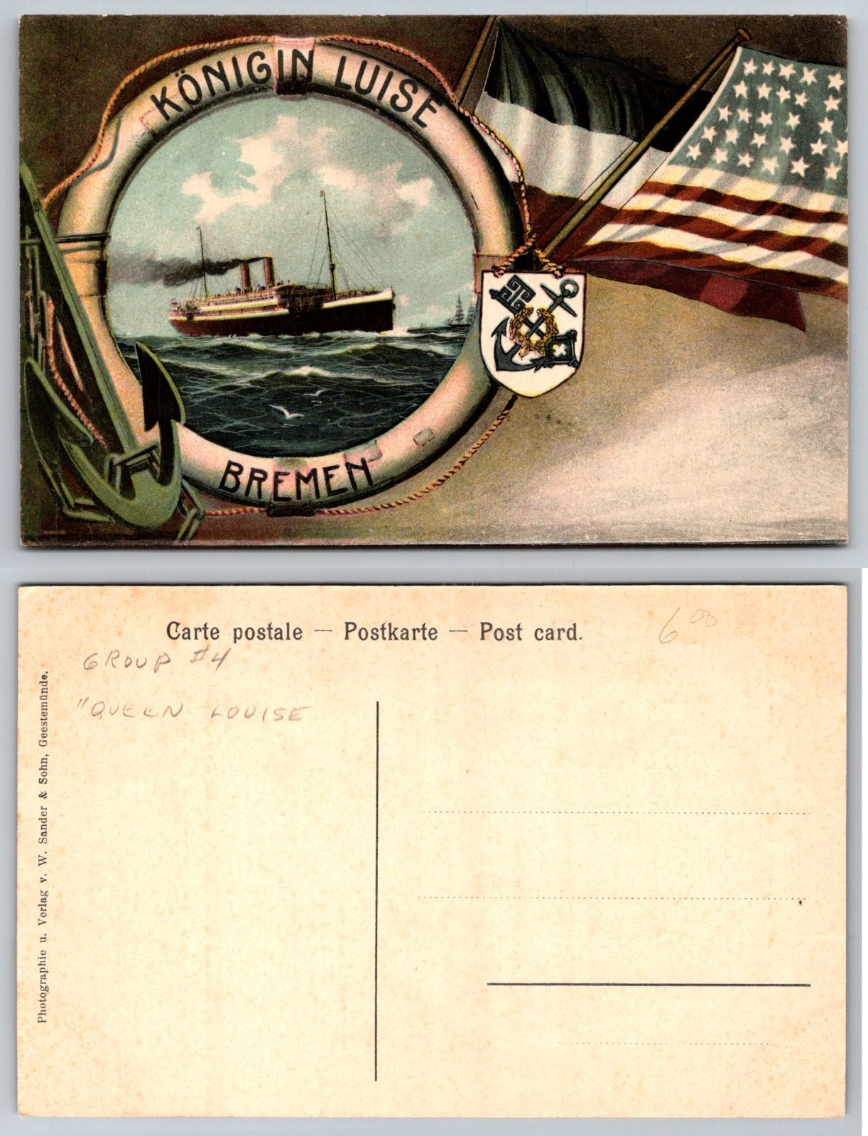 Königin Luise Steamship Bremen Germany German US Flags Anchor Emblem Postcard
