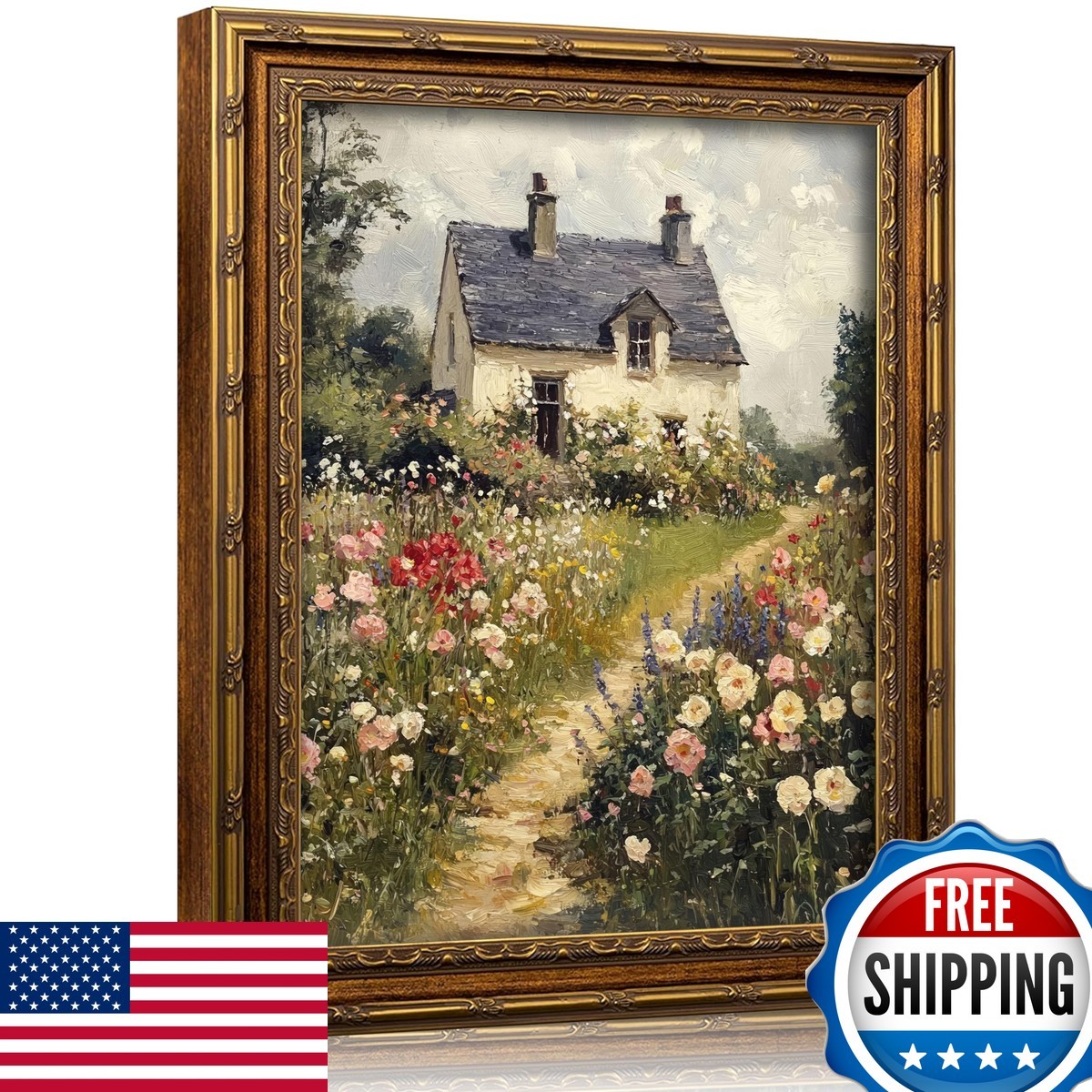 xikafou 3D Textured Canvas Wall Art Gold Frame Wildflower Floral Farmhouse
