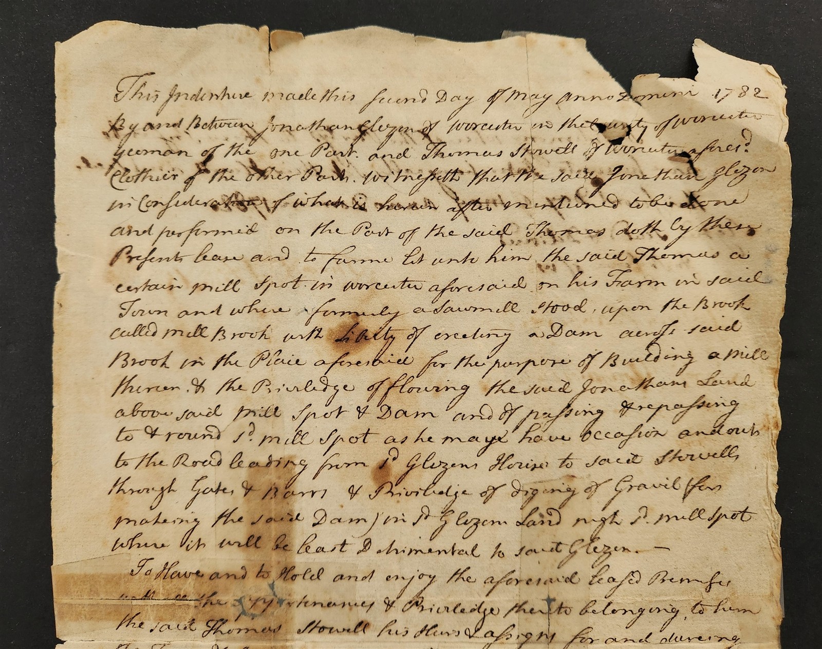 1782 antique LAND DEED worcester ma Jno GLYN? mill farm Thos STOWELL clothier