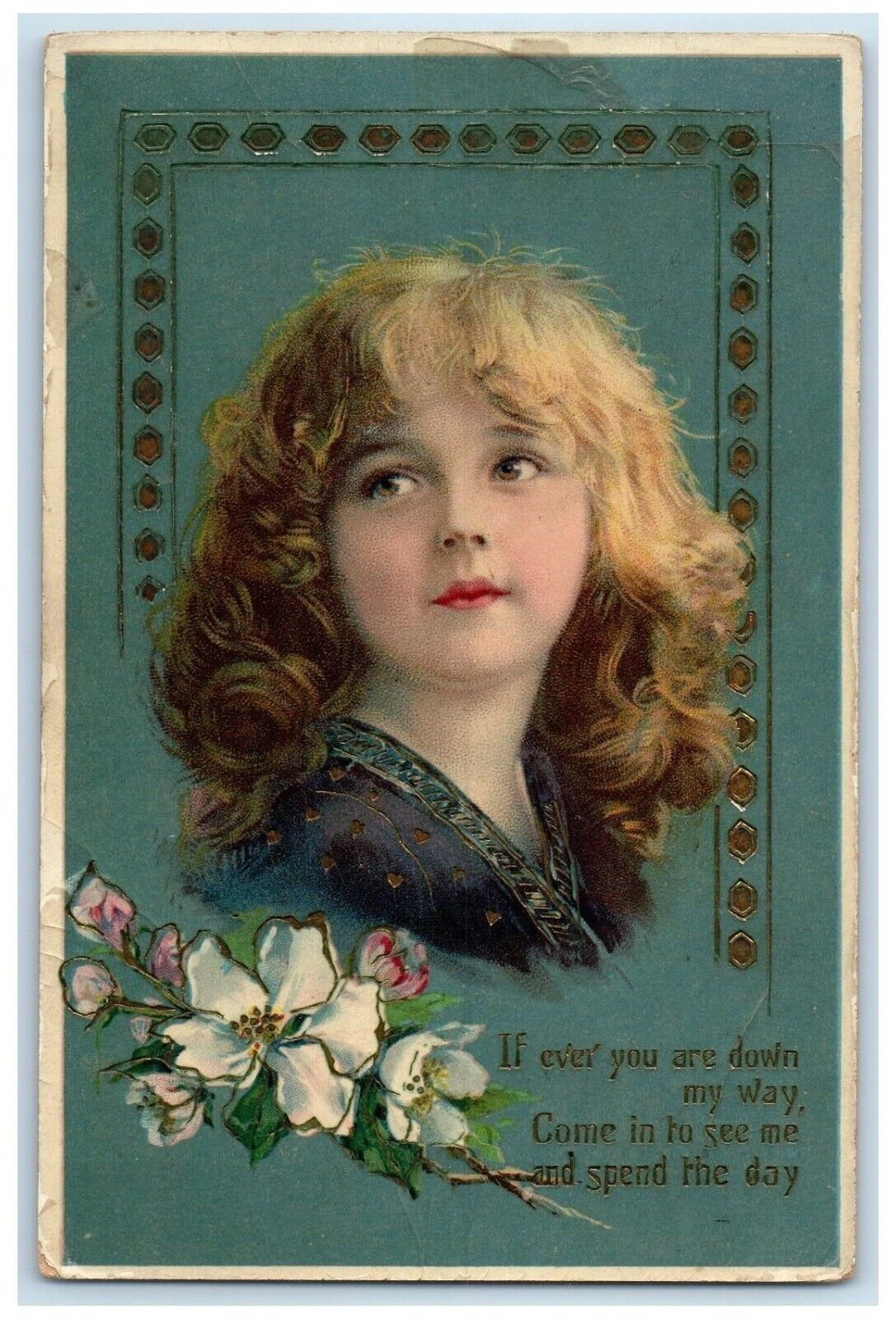 c1910's Pretty Girl Brown Curly Hair Flowers Gel Gold Gilt Antique Postcard
