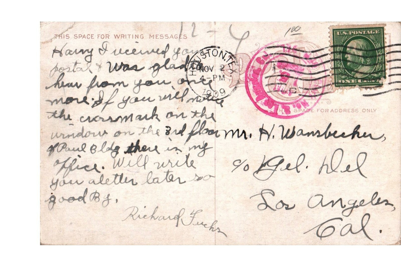 Postcard Postmarked 1909 Houston TX Corner Fannin Preston Streets Pink Cancel