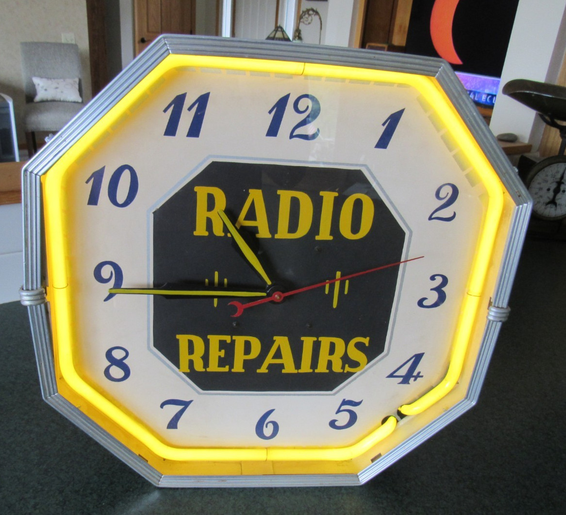 VINTAGE ORIGINAL 1940's NEON RADIO REPAIR CLOCK - RUNS GREAT NEW TRANSFORMER