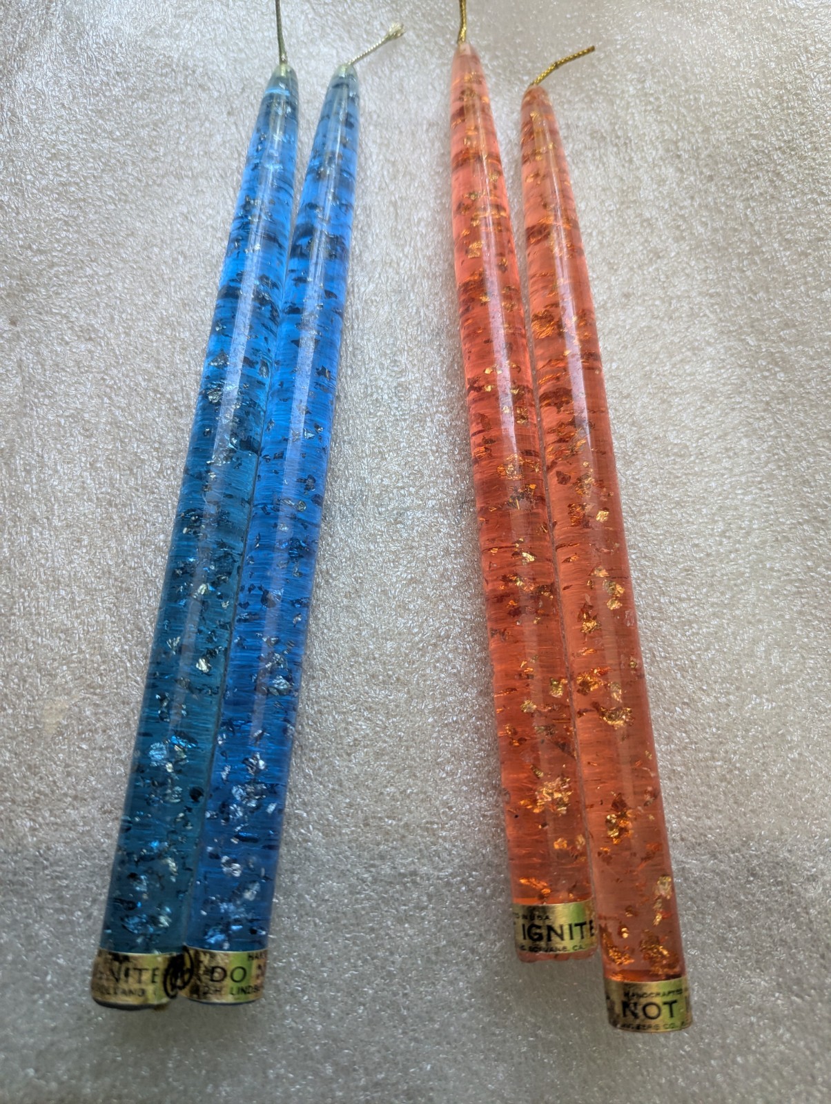 Vtg  MCM Lucite Acrylic Taper Candlesticks, Silver Gold Flecks, 10-inch 2 Pairs