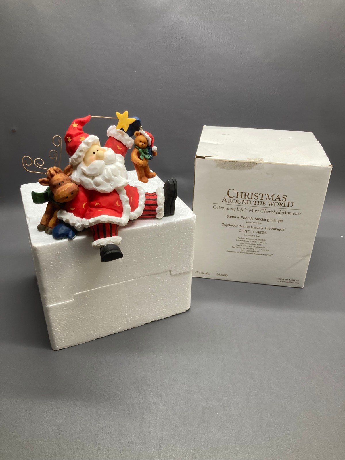 Christmas Santa Claus Reindeer Snowman Figurine Celebrating With Box