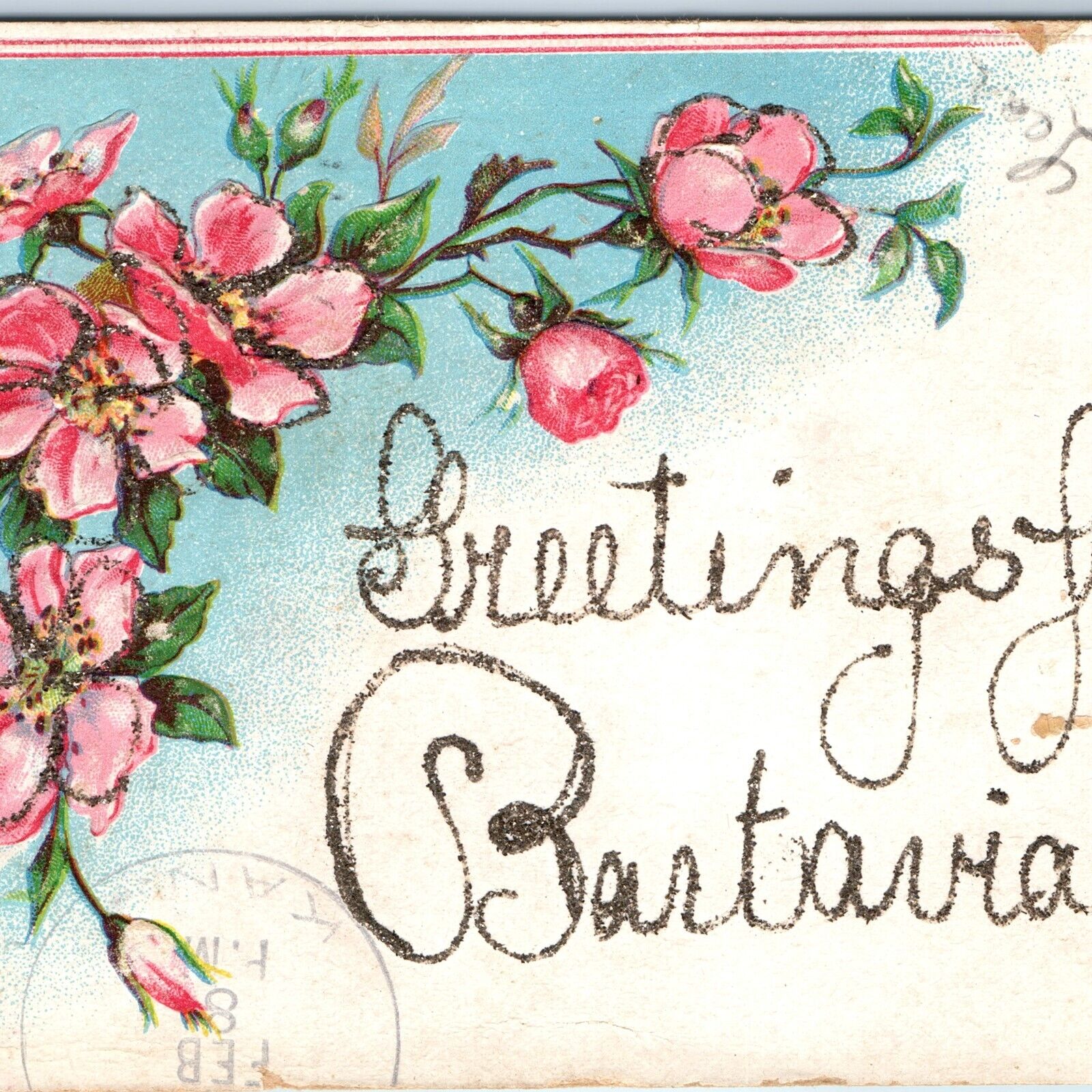 1907 Batavia, NY Greetings Hand Written Mica Glitter Handmade Postcard A172