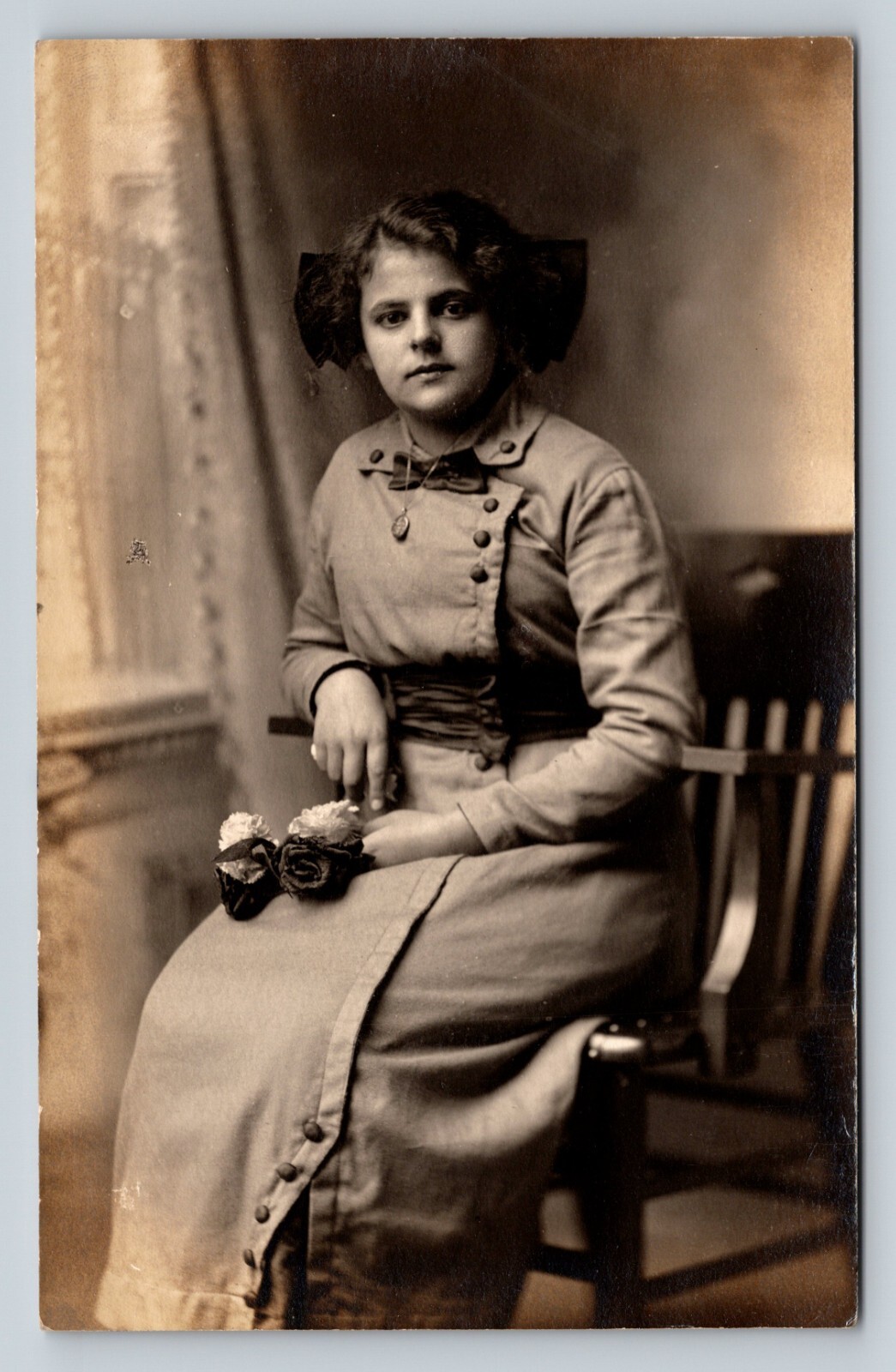 RPPC Young Lady Holding Flowers, Gift To Grandma ANTIQUE Postcard AZO 1904-1918