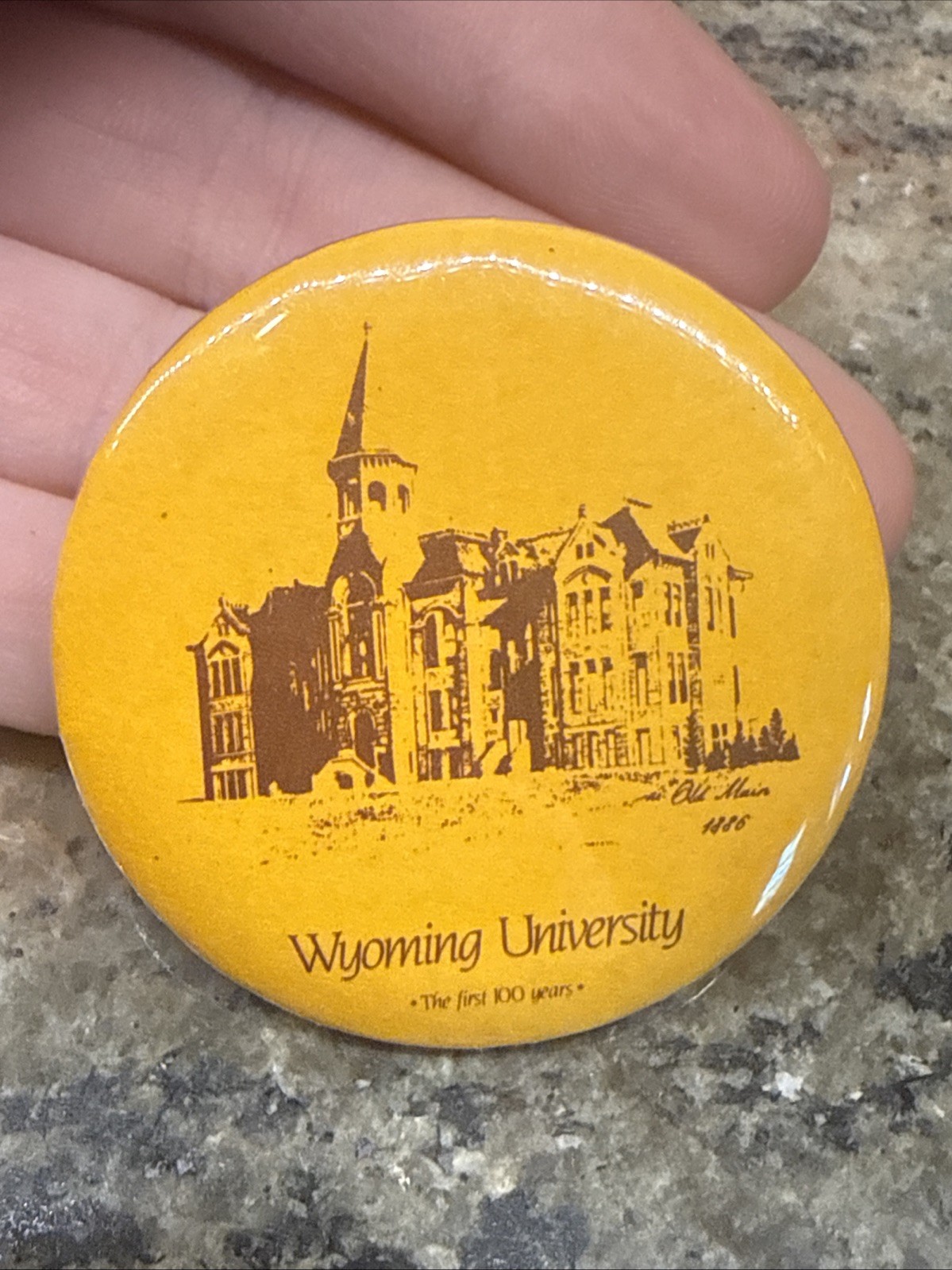 Old Main at Wyoming University First 100 Years Button Pin Laramie Go Cowboys