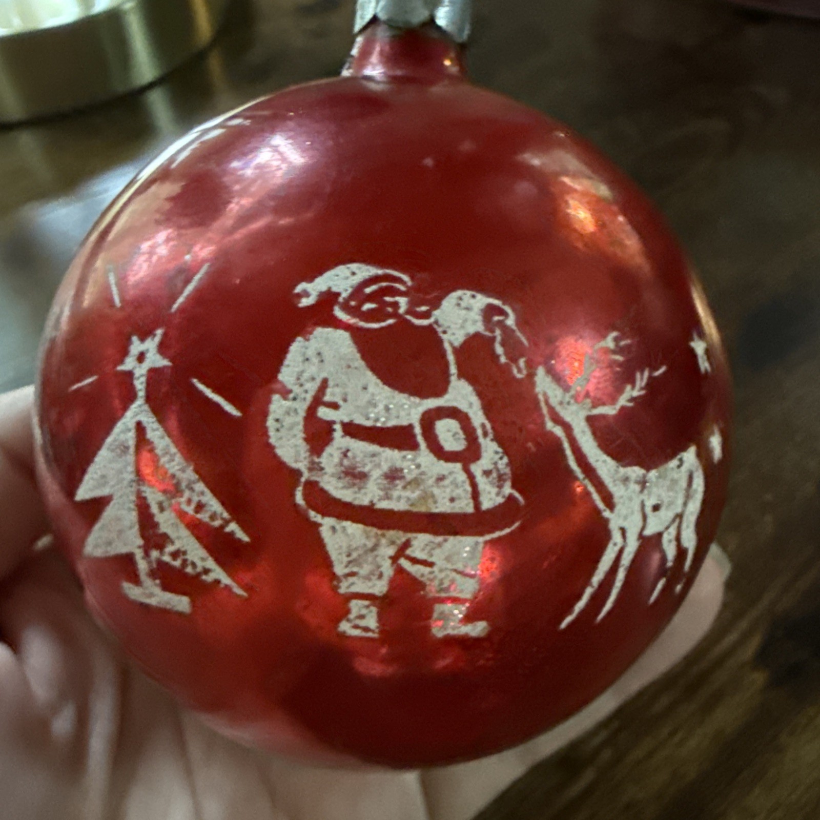 Vtg Rare Shiny Brite Jumbo 4 ” Red Xmas Ornament Santa Feeding Deer Stencil