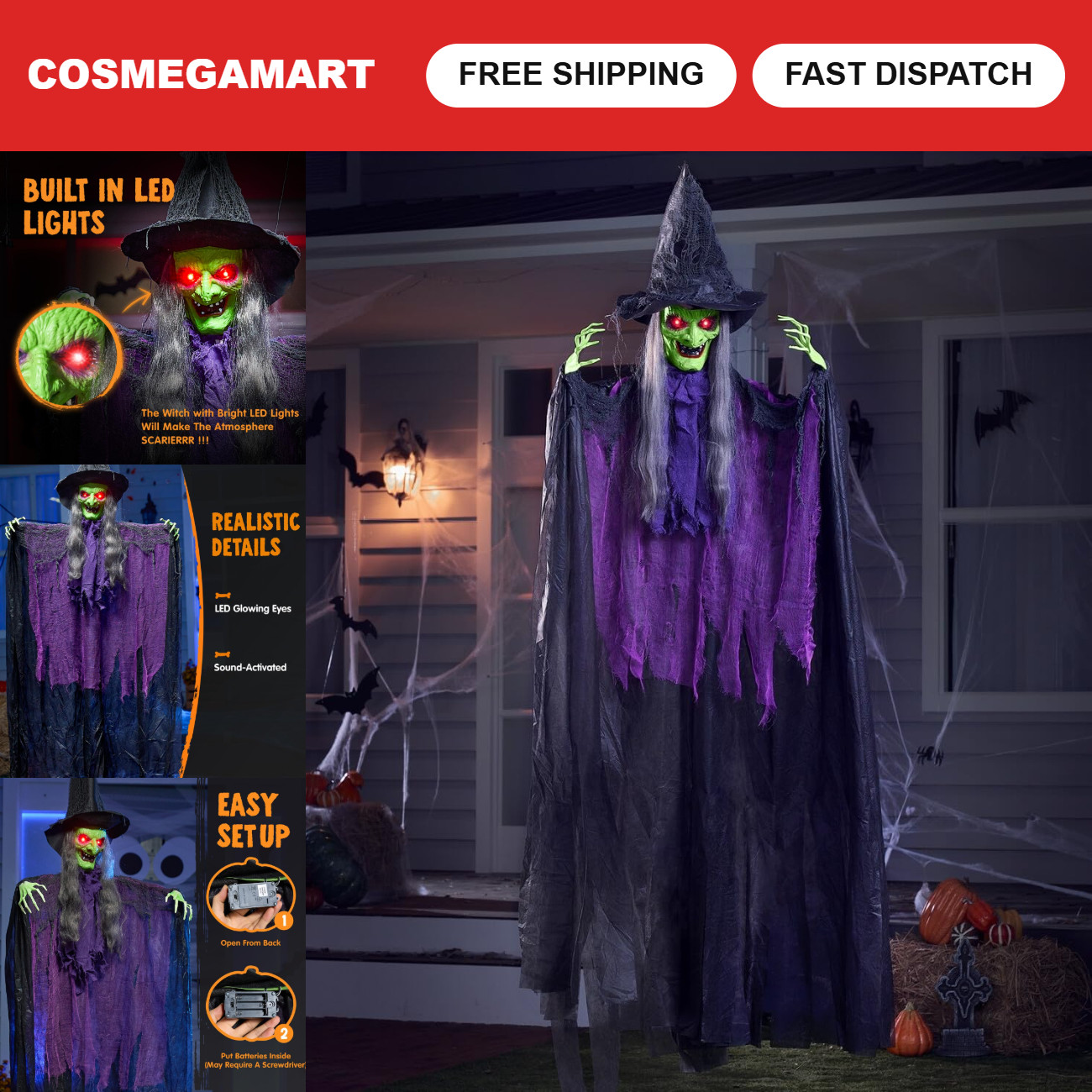 72” Halloween Witch Decorations - Life Size Flying Ghost, Sound Activated, Light