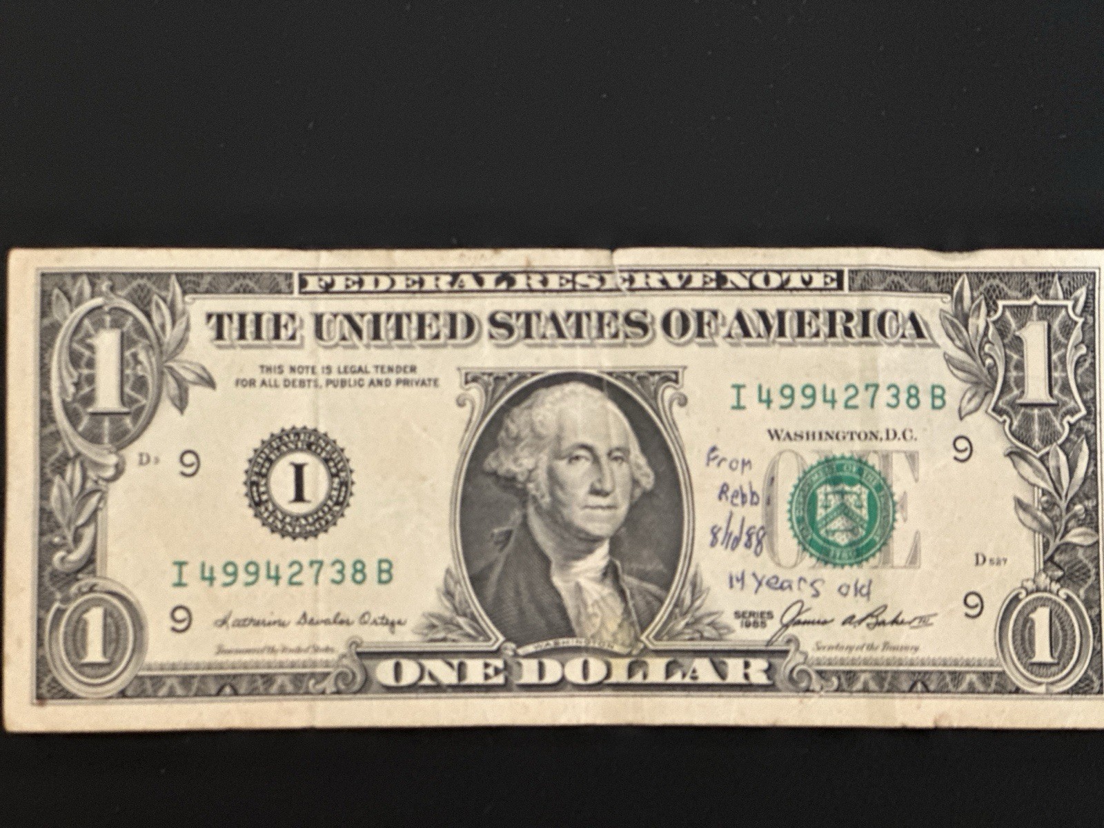 Dollar by the Lubavitcher Rebbe $1 Banknote that was given to me in 1988