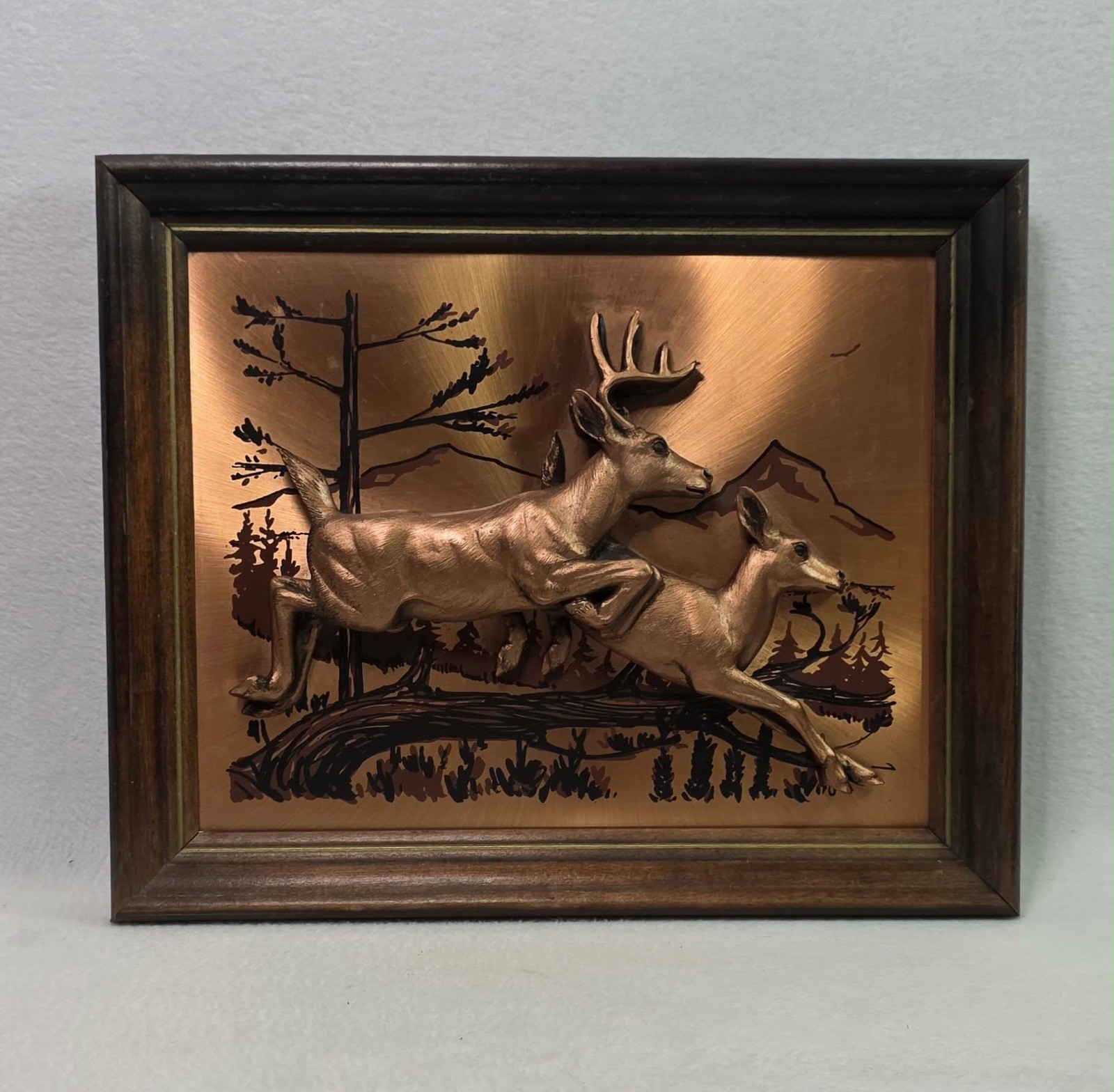 Vintage John Louw 3-D Copper Wall Art Buck Doe Wood Frame Cabin Decor