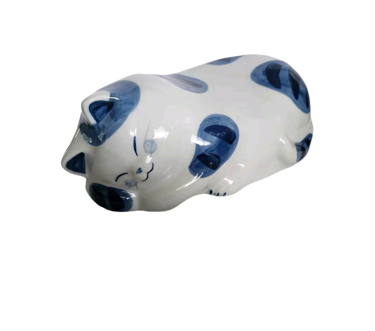 Vinatge 80s Makura-Neko Japan ceramic pillow cat sculpture Blue White
