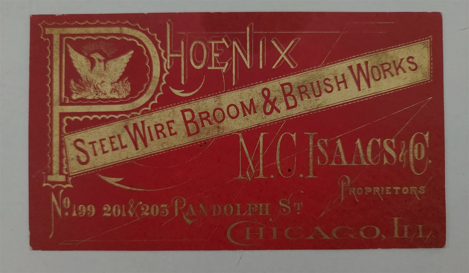 1800s antique AD CARD chicago il MC ISAACS & Co PHOENIX STEEL WIRE BROOM BRUSH