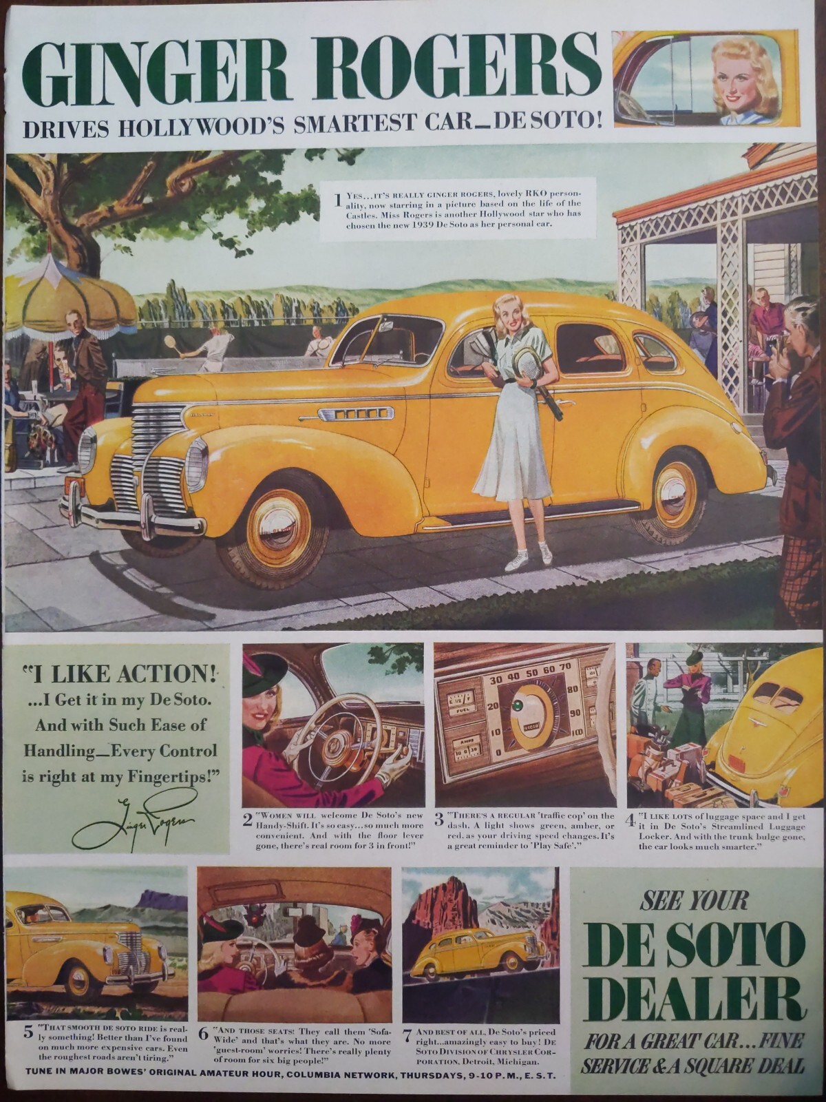 1938 vintage DeSoto automobile print ad, Hollywood Ginger Rogers yellow car