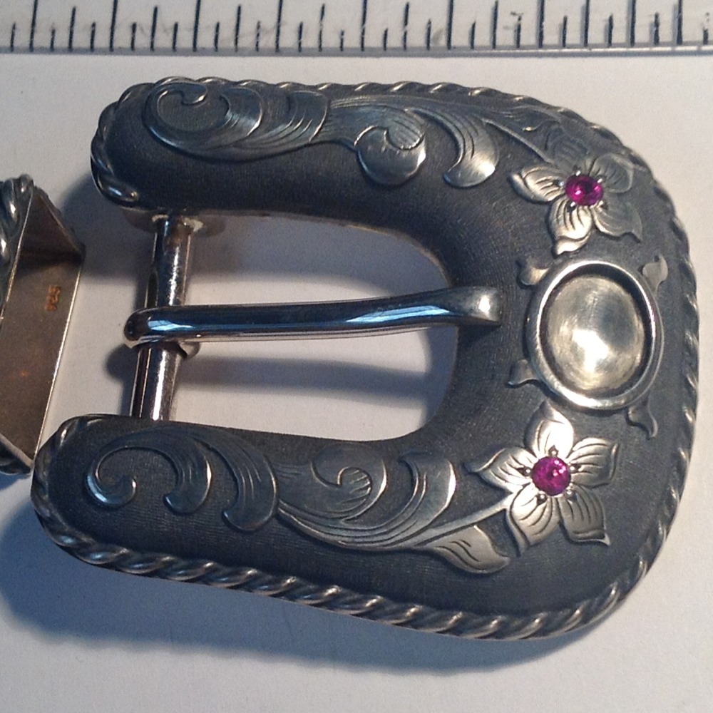 Three Piece Sterling Silver Ranger Buckle With Rubies, Marked Cowboy Culture