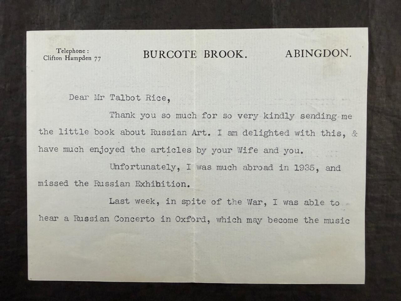 TLS from JOHN MASEFIELD to TAMARA TALBOT-RICE, RUSSIAN CONCERTO, WW2, ABINGDON